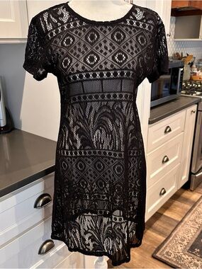 Brentwood Black Lace Crochet Dress Swim Coverup S Boho Beach Fairy Gypsy Hippie